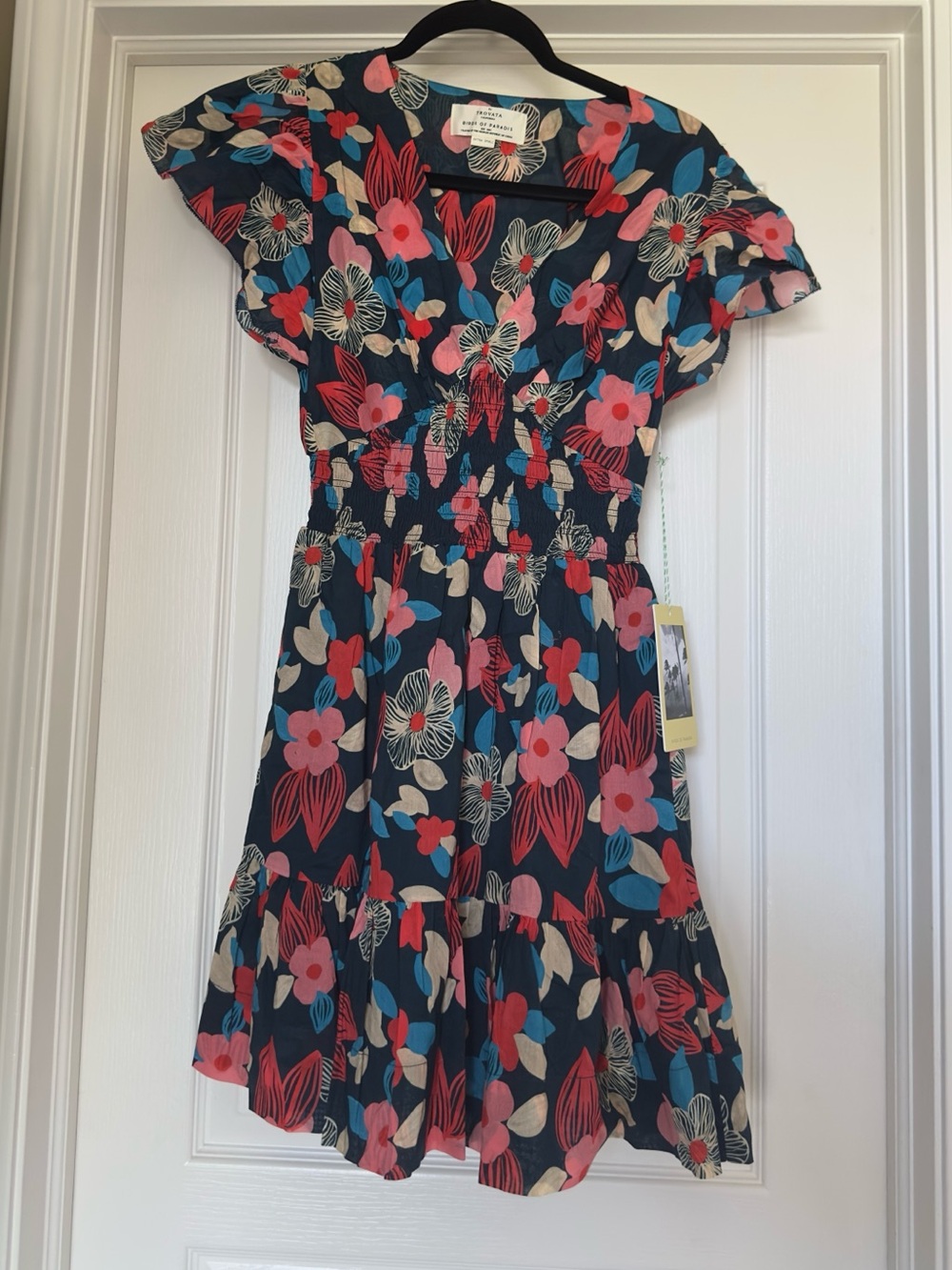 Trovata Navy Dress with Pink, Red & Cream Floral Print